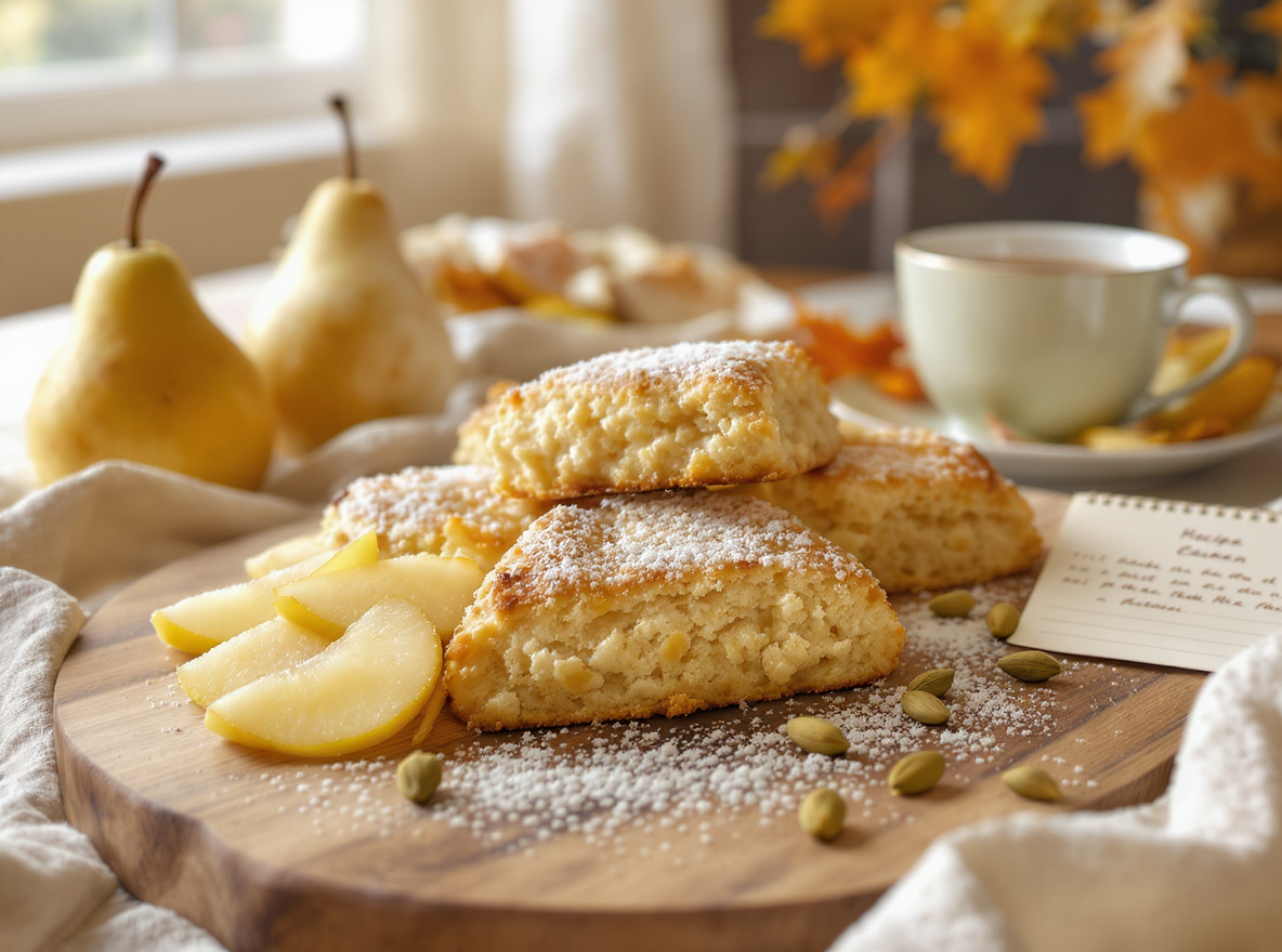 Cardamom-pear scones on a board