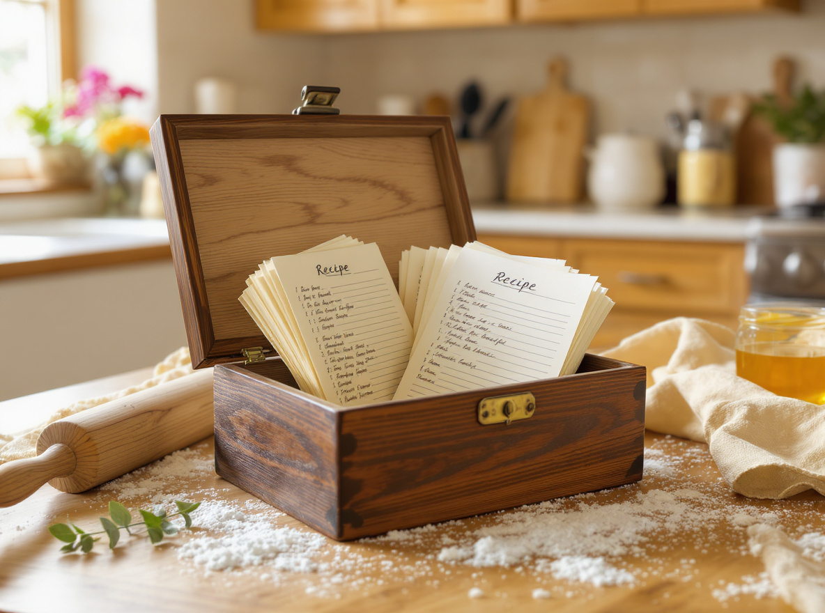An old wooden recipe box with handwritten cards